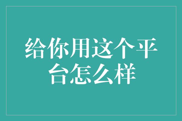 给你用这个平台怎么样